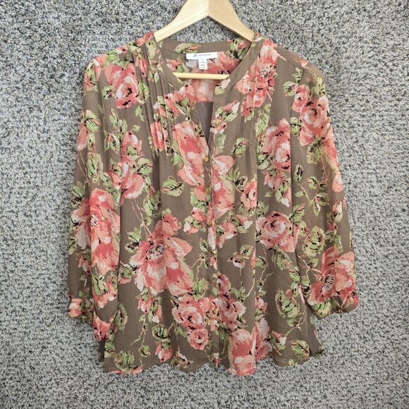 JM Collection Top Womens 10 Brown‎ Pink Pintuck Button Up Blouse Ladies - Picture 1 of 7